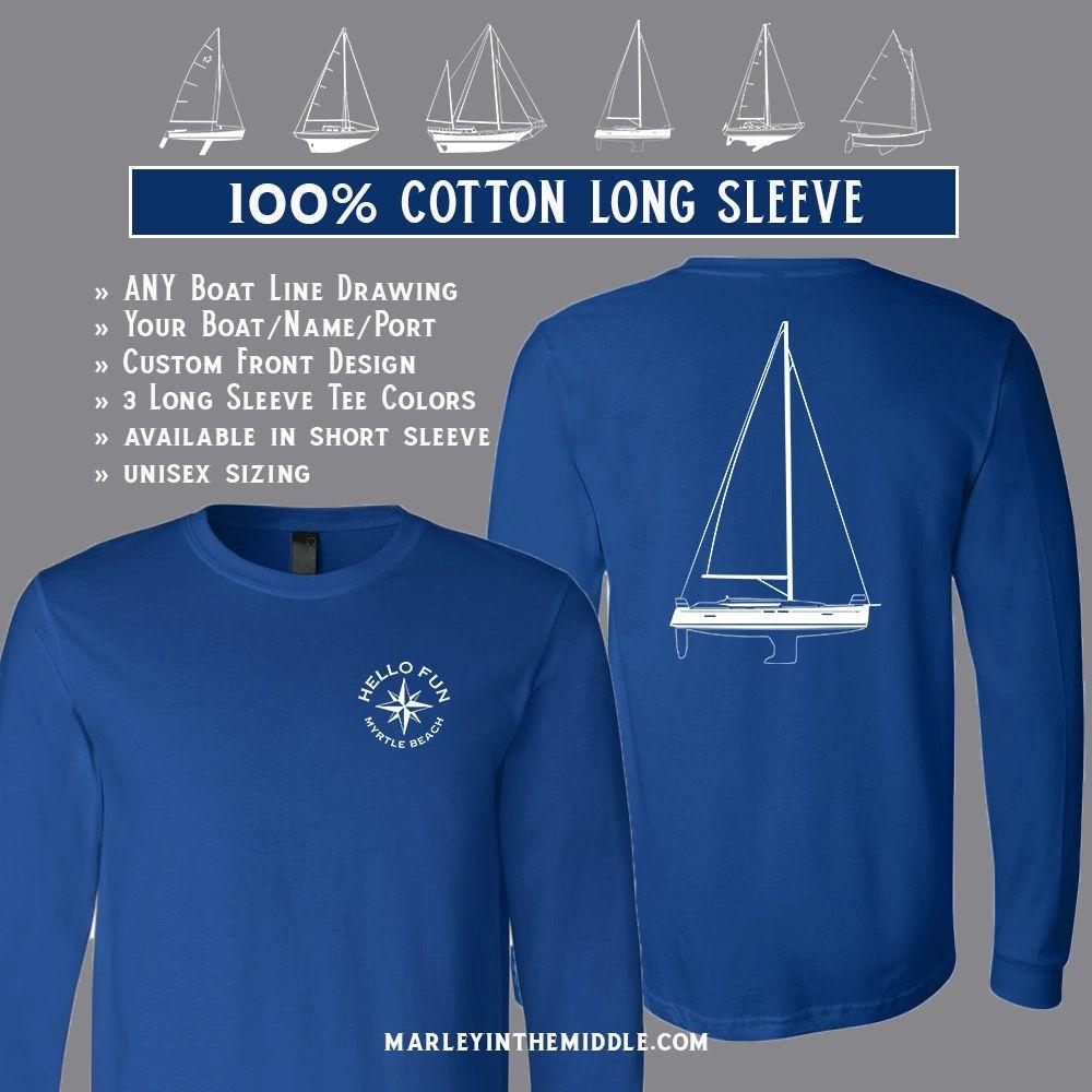100% Cotton Long Sleeve Custom Boat Line Drawing Shirt M / White w/Navy Design