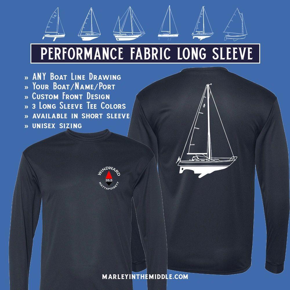 Performance Fabric Long Sleeve Custom Boat Line Drawing Shirt M / White w/Navy Design