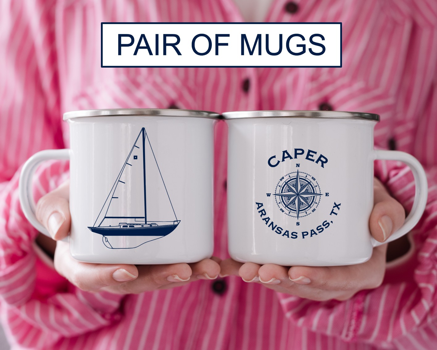 Pair of 2 Custom Boat Enamel Mugs, Sailboat mugs, Metal boat mugs