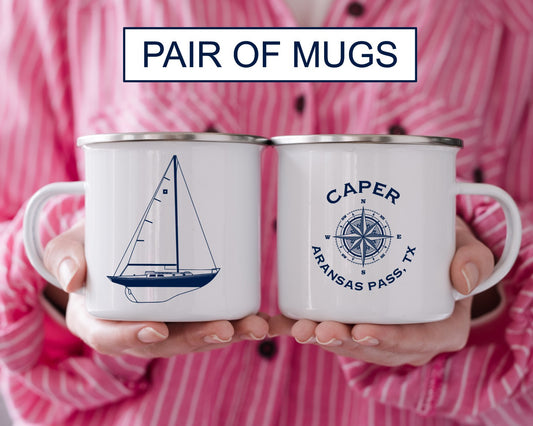 Pair of 2 Custom Boat Enamel Mugs, Sailboat mugs, Metal boat mugs