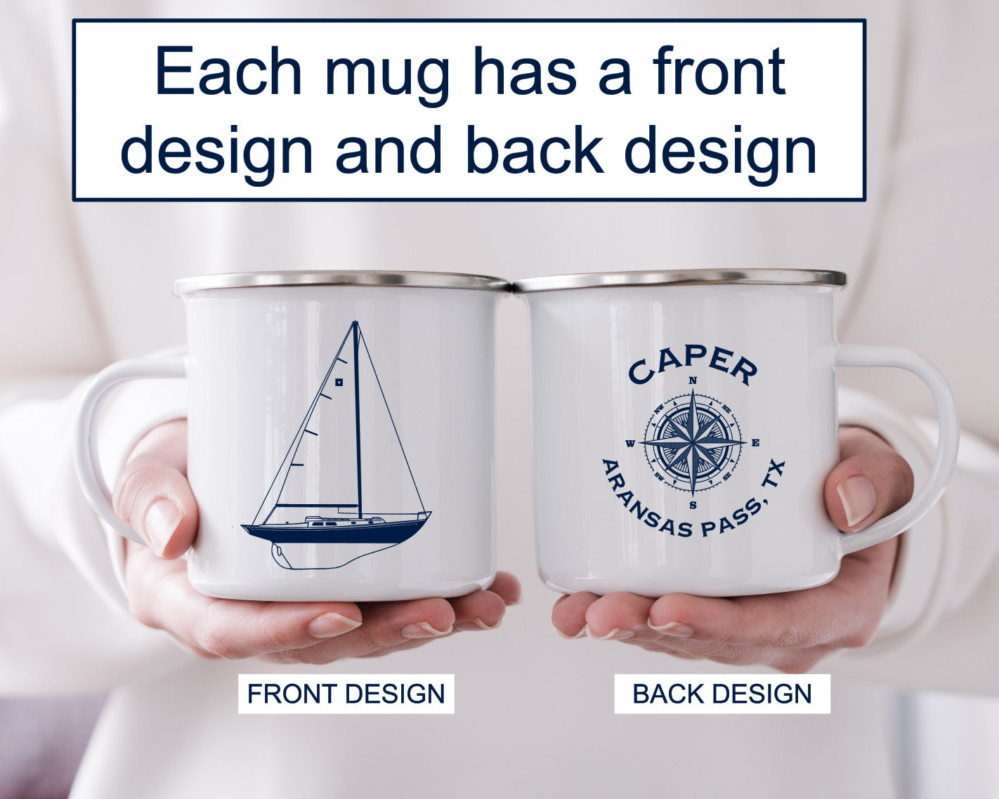 Pair of 2 Custom Boat Enamel Mugs, Sailboat mugs, Metal boat mugs